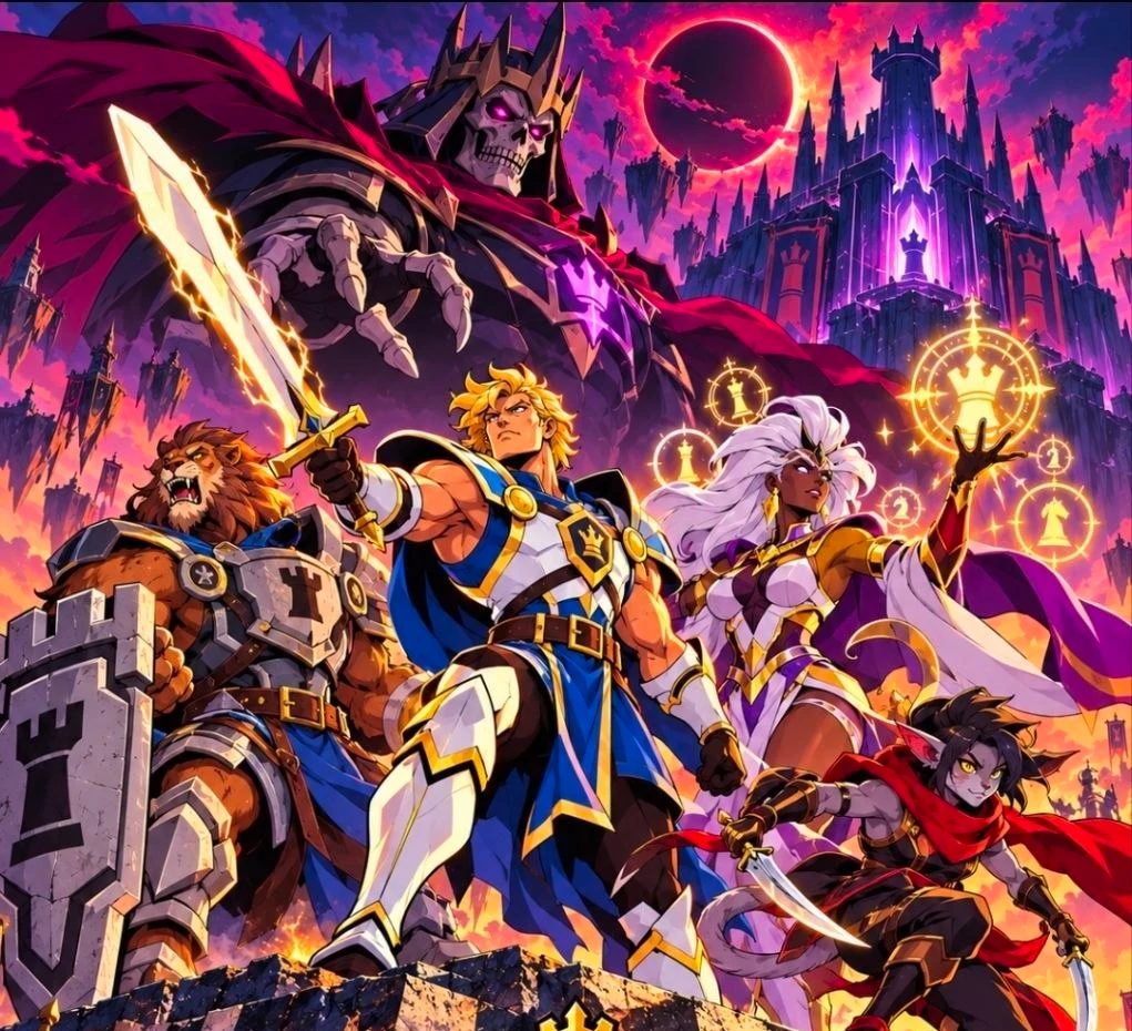A party of heroes on a chessboard, a crowned skeleton king behind them and an army of pieces below
